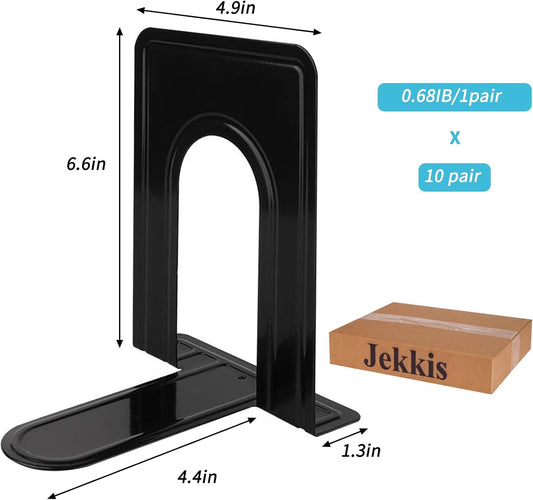 Jekkis 20pcs Metal Bookends for Shelves, 6.6"x 5.7"x 5" Black Heavy Duty Book Ends for Nonskid Bookend Supports Plain Large Bookends, Library Office Home, 10 Pair