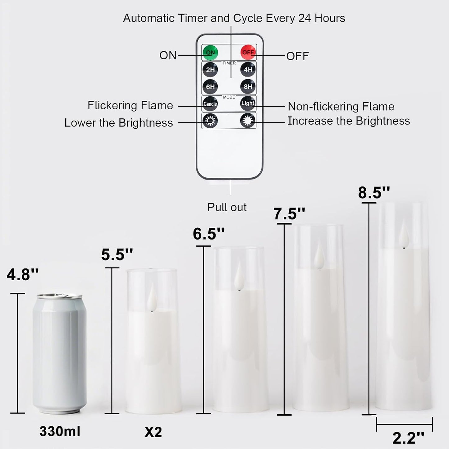 Amagic Pure White Flameless Candles, Battery Operated Candles, Acrylic Flickering LED Pillar Candles with Remote Control and Timer, 3D Wick, Yellow and Blue Glow, D2.2 xH5 5" 6" 7" 8", Set of 5