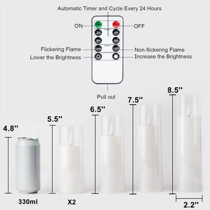 Amagic Pure White Flameless Candles, Battery Operated Candles, Acrylic Flickering LED Pillar Candles with Remote Control and Timer, 3D Wick, Yellow and Blue Glow, D2.2 xH5 5" 6" 7" 8", Set of 5