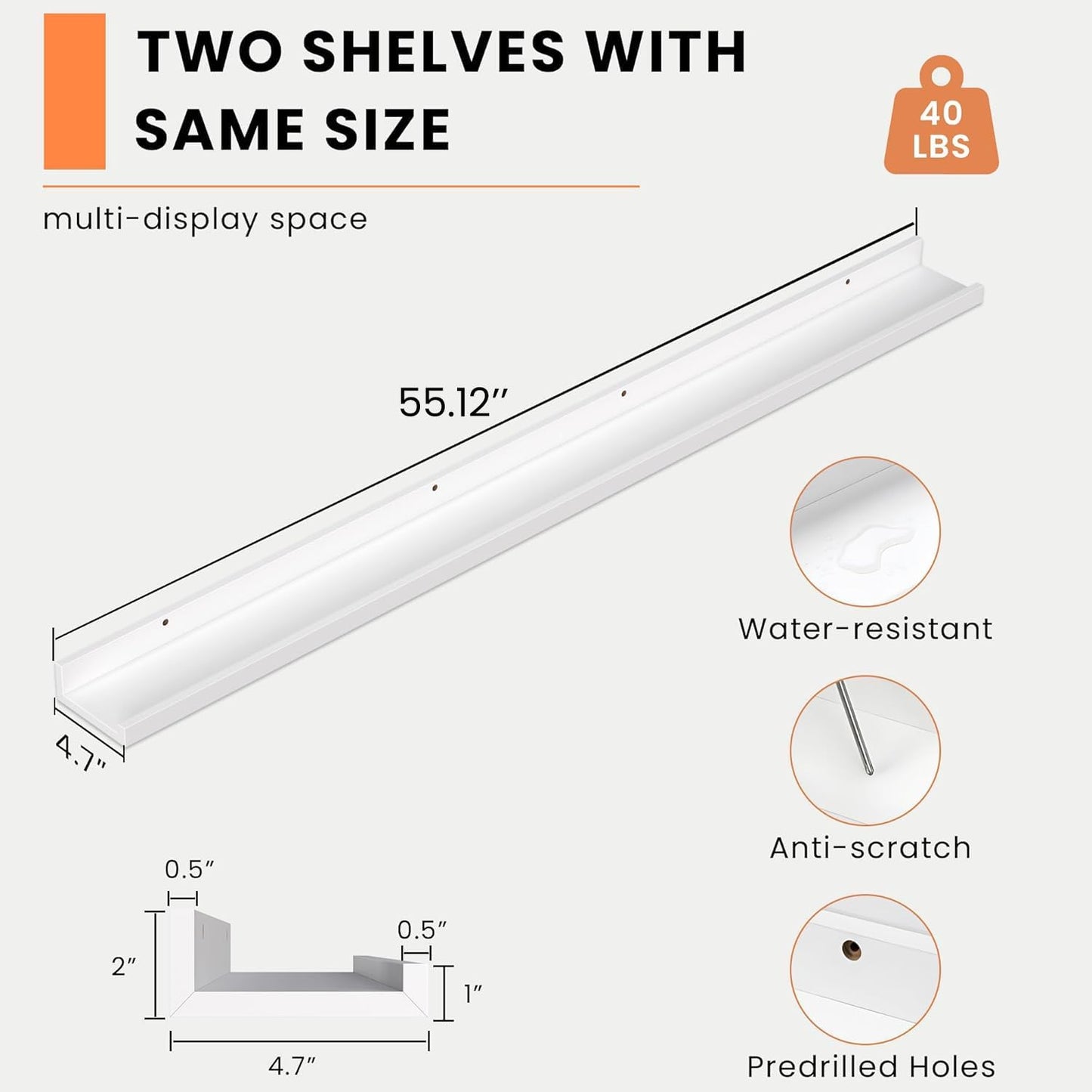 Heimlove Picture Ledge Shelf, Floating Shelves Set of 2, 24 Inches Picture Shelf for Wall with Ledge, Kids Bookshelf Wall Mounted for Living Room Bedroom Decor Books Photo Frames - White