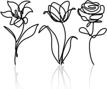 Oubasa Metal Flowers Wall Art Set of 3, Farmhouse Floral Home Decoration, Modern Line Art Flower Wall Decor for Living Room Bedroom Bathroom, Minimalist Botanical Wall Sculpture – Lily, Tulip, Rose