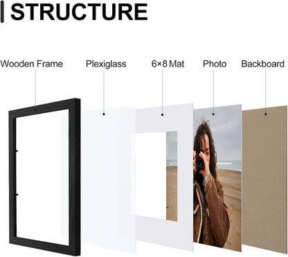 Vittanly 8x10 Picture Frames Set of 9, Shatter Resistant Plexiglass, Display 5x7 Pictures with Mat or 8x10 without Mat, Photo Frames for Wall or Tabletop, Engineered Wood, Black - Colors A