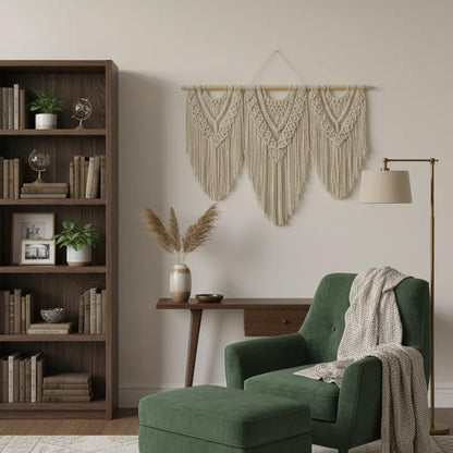 oiikain Large Handmade Boho Macrame Wall Hanging Tapestry - Chic Bohemian Woven Home Decor art for Living Room, Bedroom, and Wedding Parties (Beige, twelve rhombus)