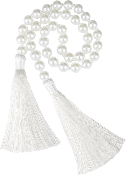 34 Inch Pearl Glass Bead Garland with Tassels - Elegant Boho Table Decor, Fringe Wall Hanging for Wedding, Party, Farmhouse Rustic Prayer Bead Home Decoration(1 Pack,Gold)