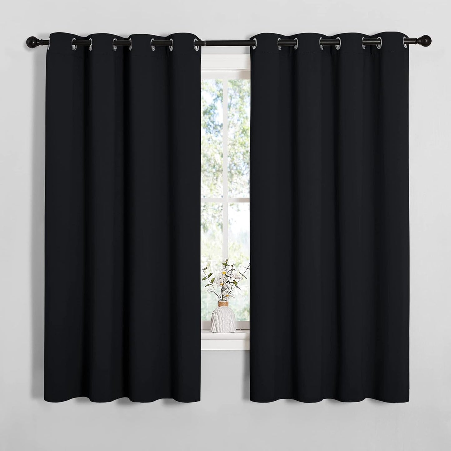 NICETOWN Halloween Pitch Black Solid Thermal Insulated Grommet Blackout Curtains/Drapes for Bedroom Window (2 Panels, 42 inches Wide by 63 inches Long, Black) - Colors E