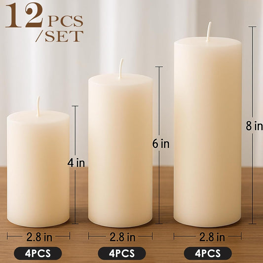 Ivory Pillar Candles Set, 12 Packs, 2.8 in x 4, 6, 8 Inch Assorted Size Unscented Pillar Candles Bulk for Home Decor, Long Burning Candle for Emergency, Holiday Dinner, Dripless & Smokeless