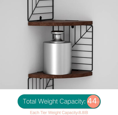 Love-KANKEI Corner Shelf Wall Mount of 5 Tier Rustic Wood Floating Shelves Wall Shelves for Bedroom Living Room Bathroom Kitchen Office and More Carbonized Black