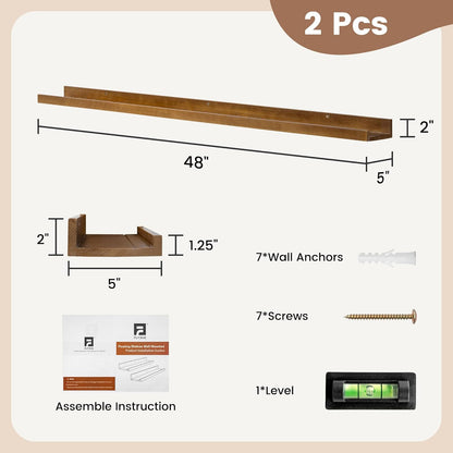 FLYJOE Picture Ledge Shelf, Floating Shelves Set of 2, Solid Pine Wood 55'' Long Large Nursery Book Shelves for Toys Storage, Kids Bookshelf for Living Room Bedroom Decor Books Photo Frames, Walnut