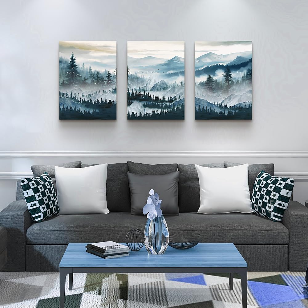 MHARTK66 Wall Art for Living Room Modern Wall Decor for Bedroom Office Decor Abstract Mountain Forest Landscapes Ink Painting 3 Piece Framed Canvas Art Prints Ready to Hang Wall Pictures Home Decor