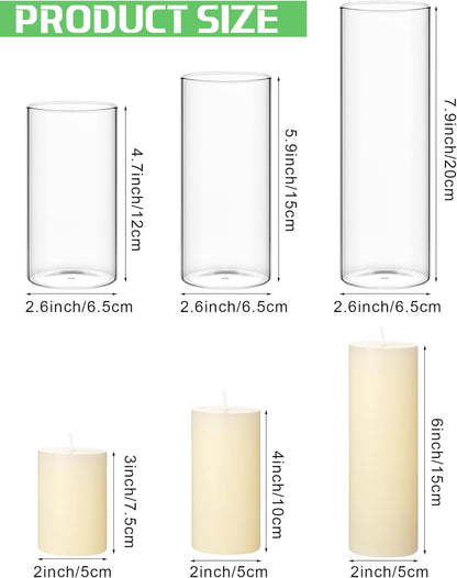 Shihanee 36 Pcs Pillar Candles and Glass Cylinder Vases Tall Cylinder Holders for Pillar Candles Wedding Centerpieces, Total 18 Sets(2.6'' X 4.7'', 5.9'', 7.9'',Clear,Ivory)