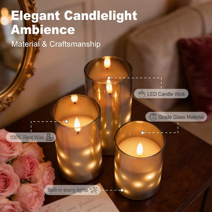 Rechargeable Flameless Glass Pillar Candles–Gifts for Women,–Set of 3, Realistic Flickering LED Light,Remote & Timer, Ideal for Living Room, Bedroom & Festival Wedding Home Party Decor