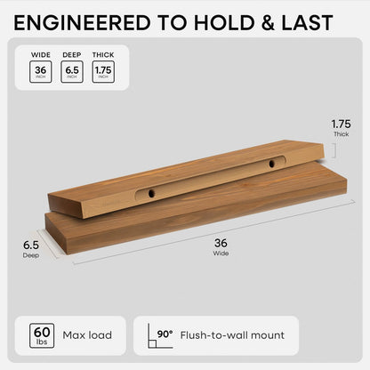 Homeforia 24 inch Natural Floating Shelf, High End Solid Real Wood 24inch Small Floating Shelves for Wall Mounted, Natural Wooden Floating Shelves, Heavy Duty Bracket, 24 X 6.5 X 1.75 in, Set of 2