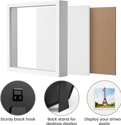 8x8 Shadow Box Frame | Soft Linen Back & Push Pins Included, Polystyrene Glass Memory Display Case for Flowers, Tickets & Cherished 3D Items, White