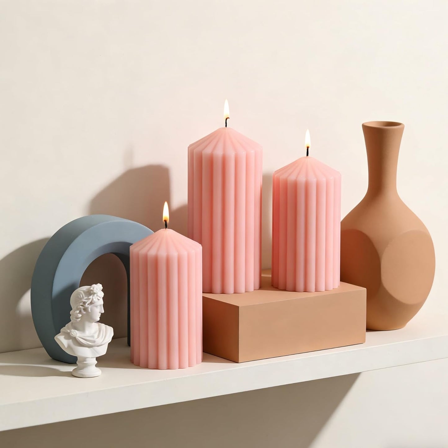 3 Pack White Ribbed Pillar Candles - Soy Wax Unscented, 2.76" x4.2/4.9/5.9 in Smokeless Non Toxic Cotton Wick, Aesthetic Modern Candles for Home Decor, Dinner Table, Living Room, Housewarming Gift