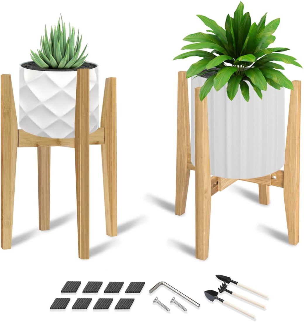 OERGKE Adjustable Plant Stand, Bamboo Mid Century Modern Indoor Plants Stands, Corner Flower Holder for Living Room, Fits 8 to 12 Inches Pots, (Pot & Plant Not Included)(Walnut, 1 Pack)