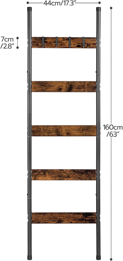HOOBRO Blanket Ladder, 5-Tier Towel Rack with Hooks, Wall-Leaning Blanket Rack, Decorative Display Ladder Shelf, for Scarves, Industrial, Living Room, Bedroom, Rustic Brown and Black BF52CJ01