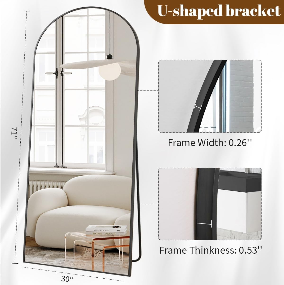 Koonmi 30"x71" Arched Full Length Mirror, Gold Large Floor Mirror with Aluminum Alloy Frame, Standing Hanging or Leaning Wall-Mounted Full Body Mirror for Living Room and Bedroom