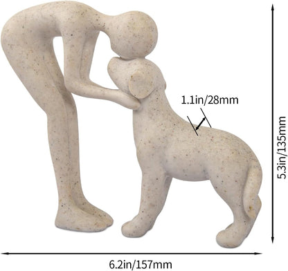 Abstract Resin Hand-Painted Sculpture of Person and Dog Bonding – Head-to-Head Intimate Figurine Decoration for Office、Living Room、Bedroom、Home， Memory Gifts for Pet Lovers (Sandstone)