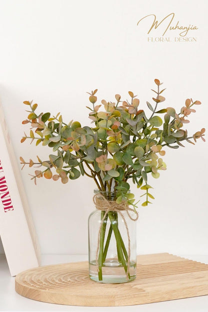 Muhanjia Artificial Eucalyptus Stems in Glass Vase with Faux Water,3Pcs Fake Plant with Double-Sided Green Leaves for Centerpiece(Double-Sided Green Eucalyptus)