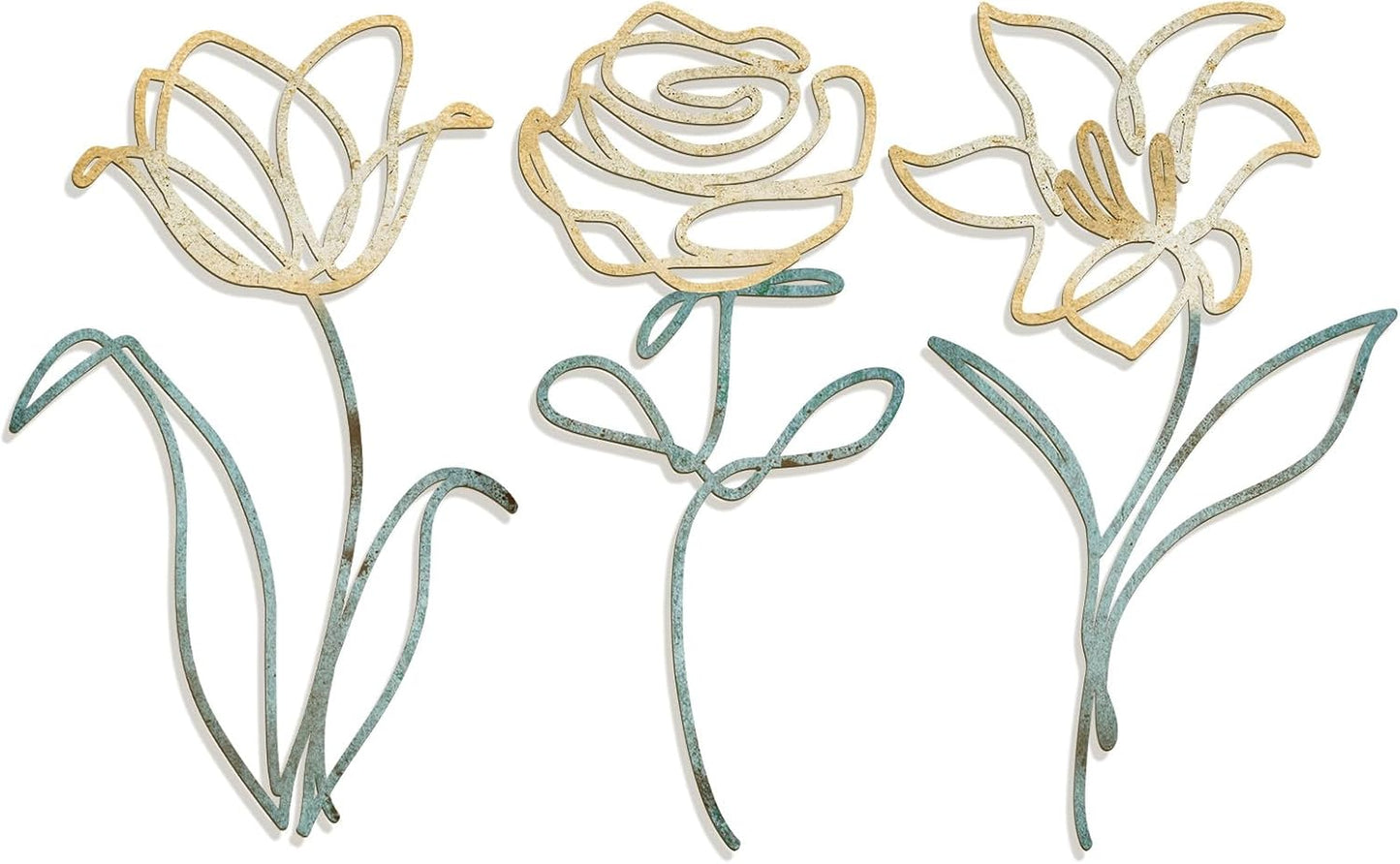 Oubasa Metal Flowers Wall Art Set of 3, Farmhouse Floral Home Decoration, Modern Line Art Flower Wall Decor for Living Room Bedroom Bathroom, Minimalist Botanical Wall Sculpture – Lily, Tulip, Rose