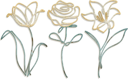 Oubasa Metal Flowers Wall Art Set of 3, Farmhouse Floral Home Decoration, Modern Line Art Flower Wall Decor for Living Room Bedroom Bathroom, Minimalist Botanical Wall Sculpture – Lily, Tulip, Rose