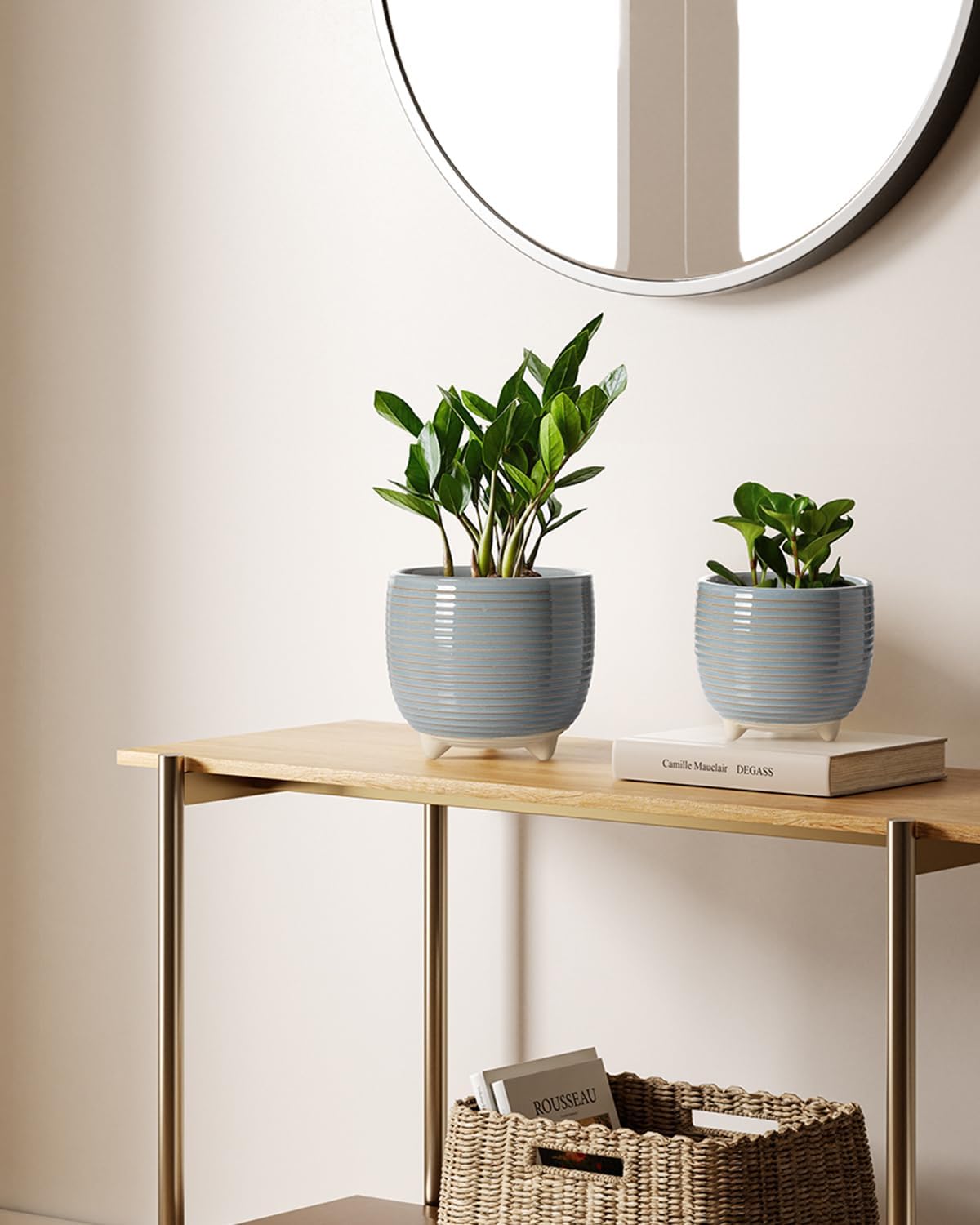 LE TAUCI Ceramic Plant Pots, 5.1 + 6.4 Inch Footed Pots for Plants, Modern Flower Pots for Home and Office, Indoor Planters with Drainage, Reactive Glaze White