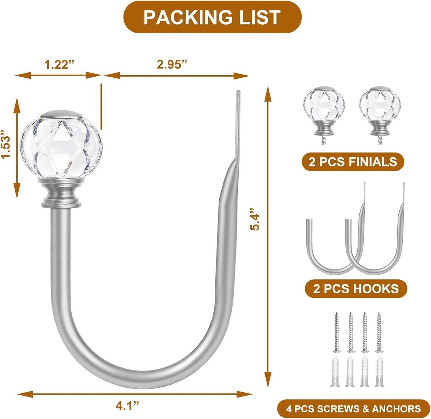 KAMANINA Curtain Holdbacks 2pcs, Gold Curtain Tiebacks, Window Curtains Hooks for Wall, Decorative Holders for Drapes with Crystal Finials(5.4" L × 4.1" W)