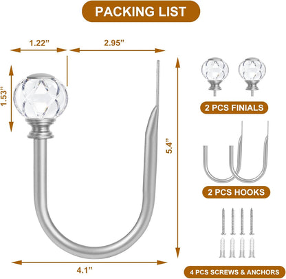 KAMANINA Curtain Holdbacks 2pcs, Gold Curtain Tiebacks, Window Curtains Hooks for Wall, Decorative Holders for Drapes with Crystal Finials(5.4" L × 4.1" W)