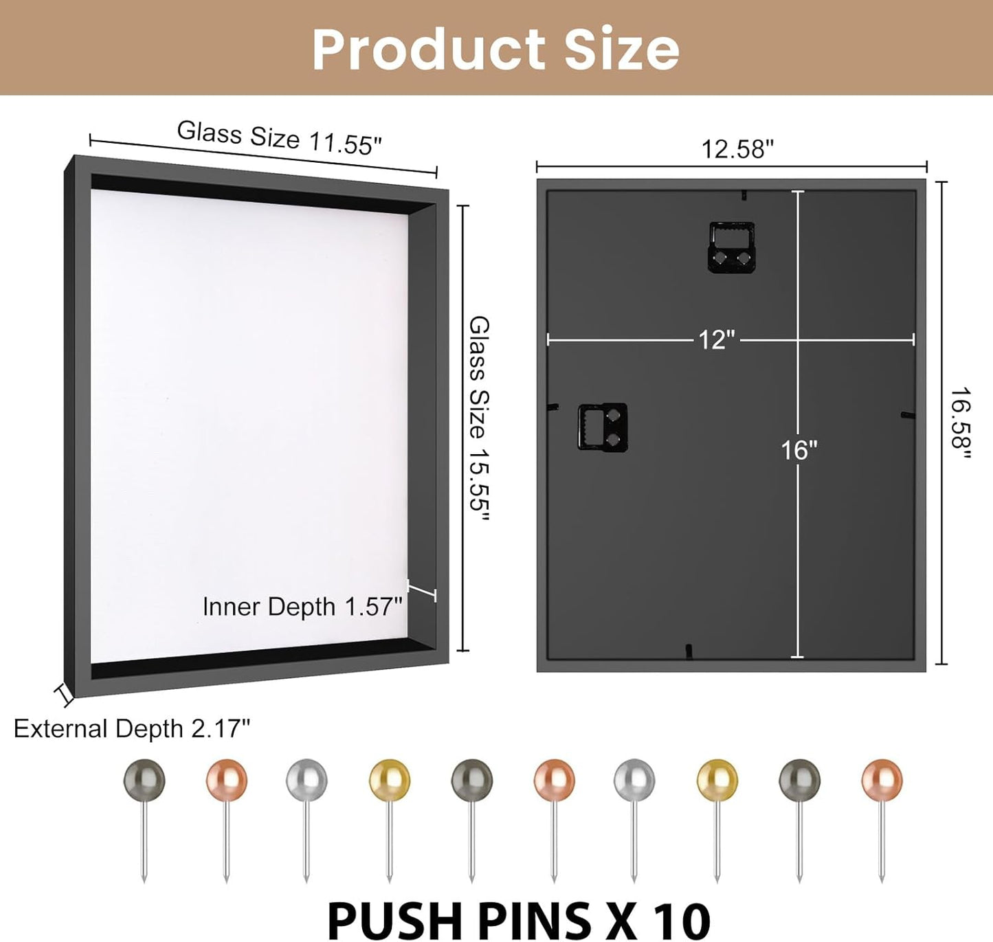 Califortree 8x8 Shadow Box Frame with Soft Linen Back - Push Pins Included, Memory Box Display Case for Flower, Tickets and 3D Items, Black