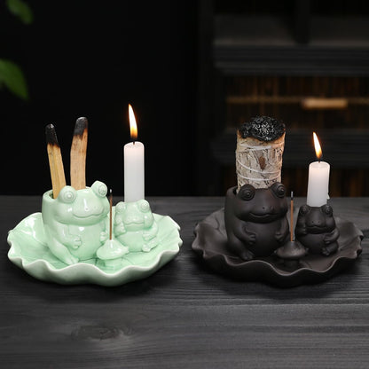 ChangWanna Frog Incense Stick Holder - Ceramic Insence Burner Ash Catcher, Insense Stand with 45 Sandalwood Sticks, Ornament for Aromatherapy/Yoga/Meditation/Home Living Room Office Decor