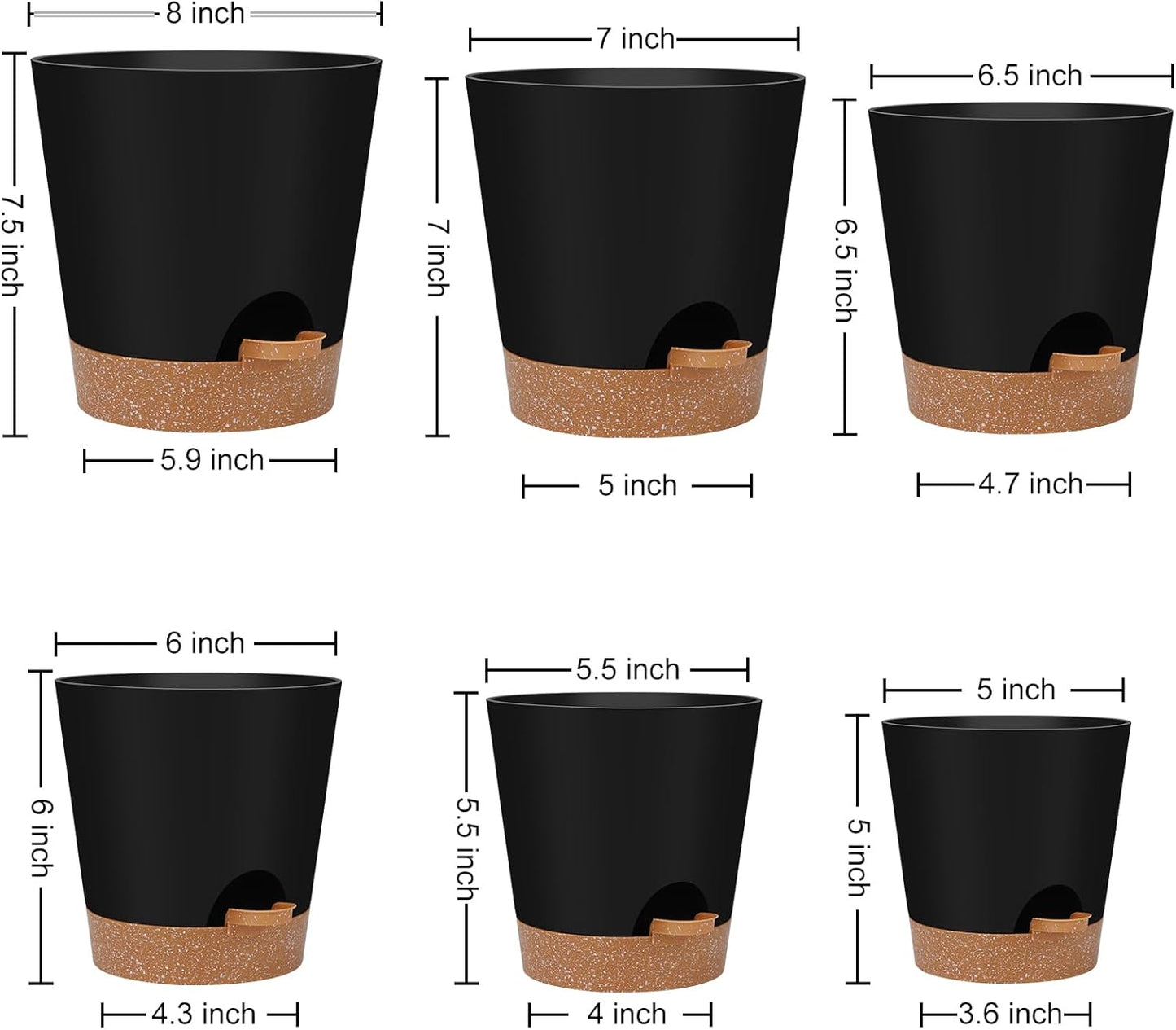 YNNICO Indoor Self Watering Planters with Drainage Holes and Saucers, 8, 7, 6.5, 6, 5.5, 5 Inches, Black, 6 Pots