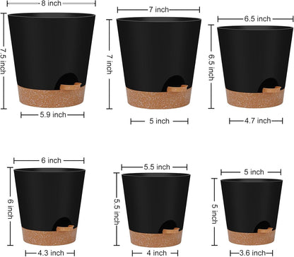YNNICO Indoor Self Watering Planters with Drainage Holes and Saucers, 8, 7, 6.5, 6, 5.5, 5 Inches, Black, 6 Pots