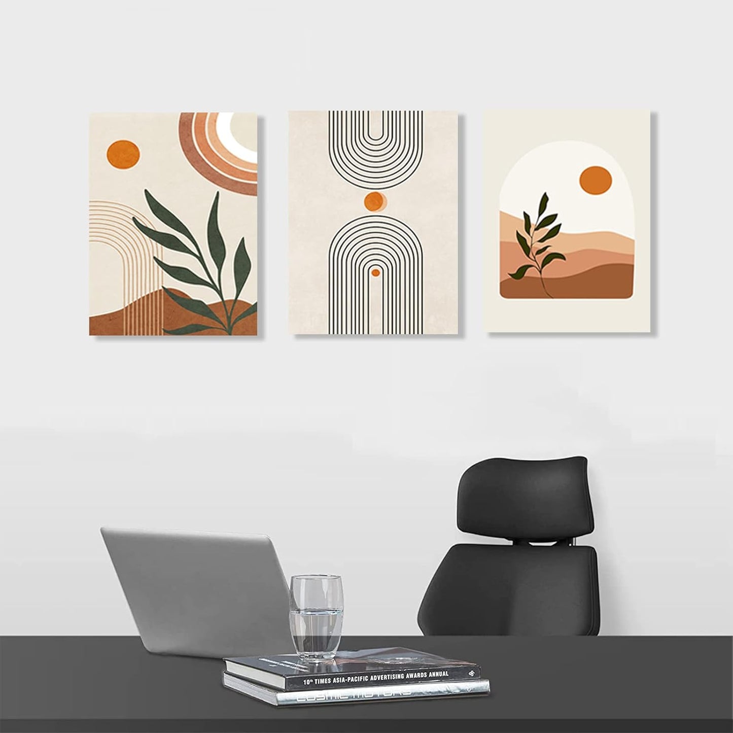 Sage Green Boho Wall Art Set of 3, Minimalist Framed Wall Art Geometric Line Leaf Sun Moon Beige Green Canvas Artwork Paintings, Abstract Botanical Boho Room Decor, Office, 12"x16"