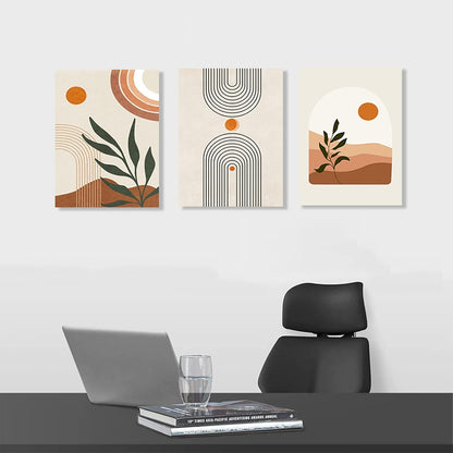 Sage Green Boho Wall Art Set of 3, Minimalist Framed Wall Art Geometric Line Leaf Sun Moon Beige Green Canvas Artwork Paintings, Abstract Botanical Boho Room Decor, Office, 12"x16"