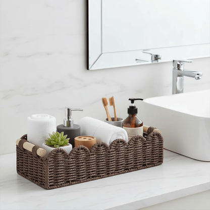 CubesLand Paper Rope Scalloped Edge Toilet Paper Storage Basket, Small Living Room, Bedroom Decor Baskets for Over Toilet Storage Shelf, End Table, Shelves and More, with 2 Wooden Handle, Neutral