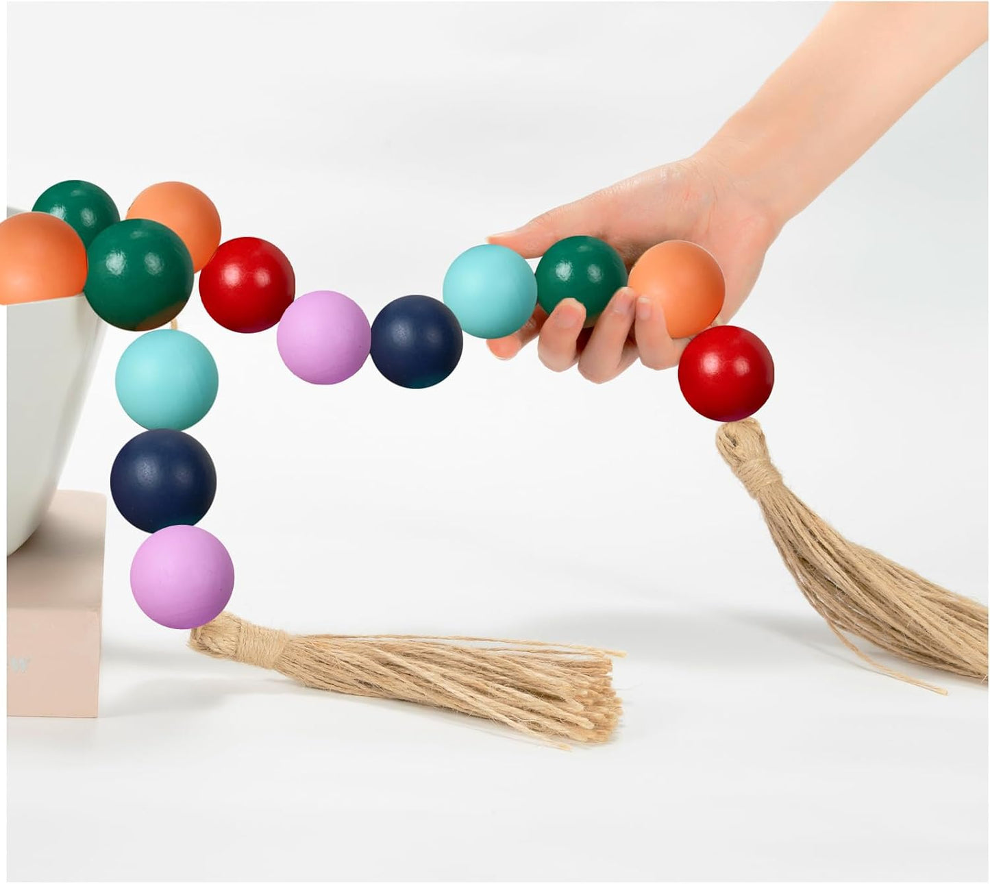 OMISHE Extra Large Wood Bead Garland with 1.6" Diameter Wooden Beads and Tassels, 41" Long Rustic Farmhouse Country Decorative Beads for Home Tiered Tray Decor, Natural Beige