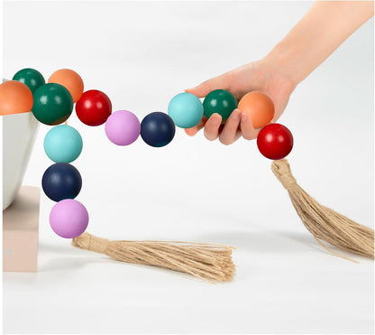 OMISHE Extra Large Wood Bead Garland with 1.6" Diameter Wooden Beads and Tassels, 41" Long Rustic Farmhouse Country Decorative Beads for Home Tiered Tray Decor, Natural Beige