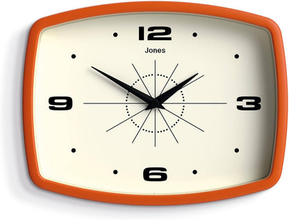 JONES CLOCKS® Movie wall Clock | Retro Rectangular Clock | 10 inch | Orange | Cool mid-Century Designer Look for Kitchen, Living Room or Office