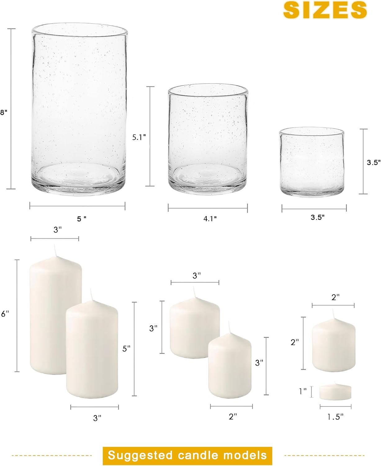 Glass Candle Holders Set, Hurricane Vase Centerpieces for Pillar Votive Flower,Clear Seeded Bubbles Cylinder Bulk, Mother's Day Birthday Gift,3 Sizes 8 Inch 5 Inch 3.5 Inch Height