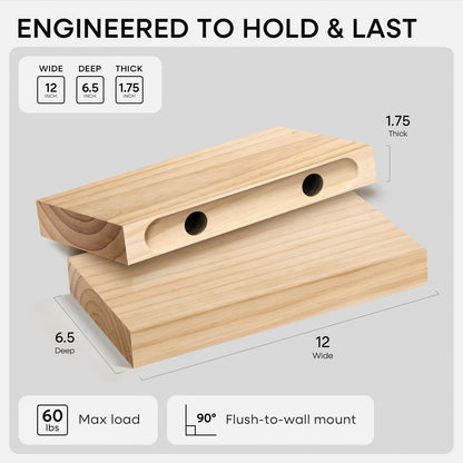 Homeforia 24 inch Natural Floating Shelf, High End Solid Real Wood 24inch Small Floating Shelves for Wall Mounted, Natural Wooden Floating Shelves, Heavy Duty Bracket, 24 X 6.5 X 1.75 in, Set of 2