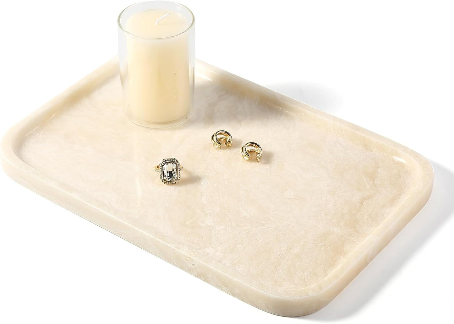 Koville Romano Travertine Tray, 12"x8" Natural Stone Vanity Tray for Countertop Bathroom Kitchen Dresser, Decorative Marble Catchall Trays for Perfume Jewelry, Rectangular Serving Tray(Beige)