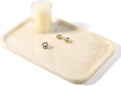 Koville Romano Travertine Tray, 12"x8" Natural Stone Vanity Tray for Countertop Bathroom Kitchen Dresser, Decorative Marble Catchall Trays for Perfume Jewelry, Rectangular Serving Tray(Beige)