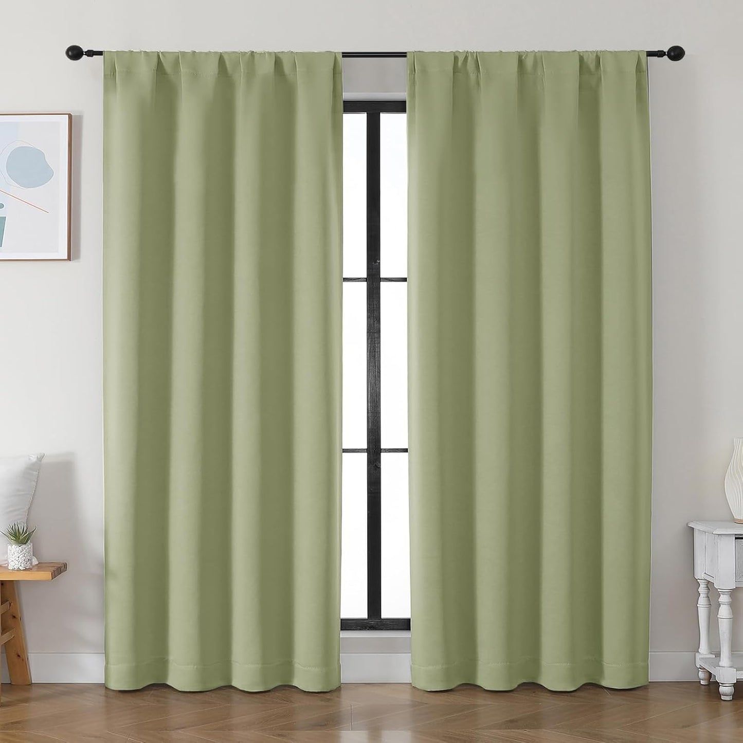 Simplebrand Ava Sage Green Blackout Curtains for Bedroom 63 Inch Length 2 Panels Set, Solid Thermal Insulated Energy Saving Rod Pocket Window Treatment Curtains Blackout Drapes, W40 x L63 Inch, Sage - Colors A