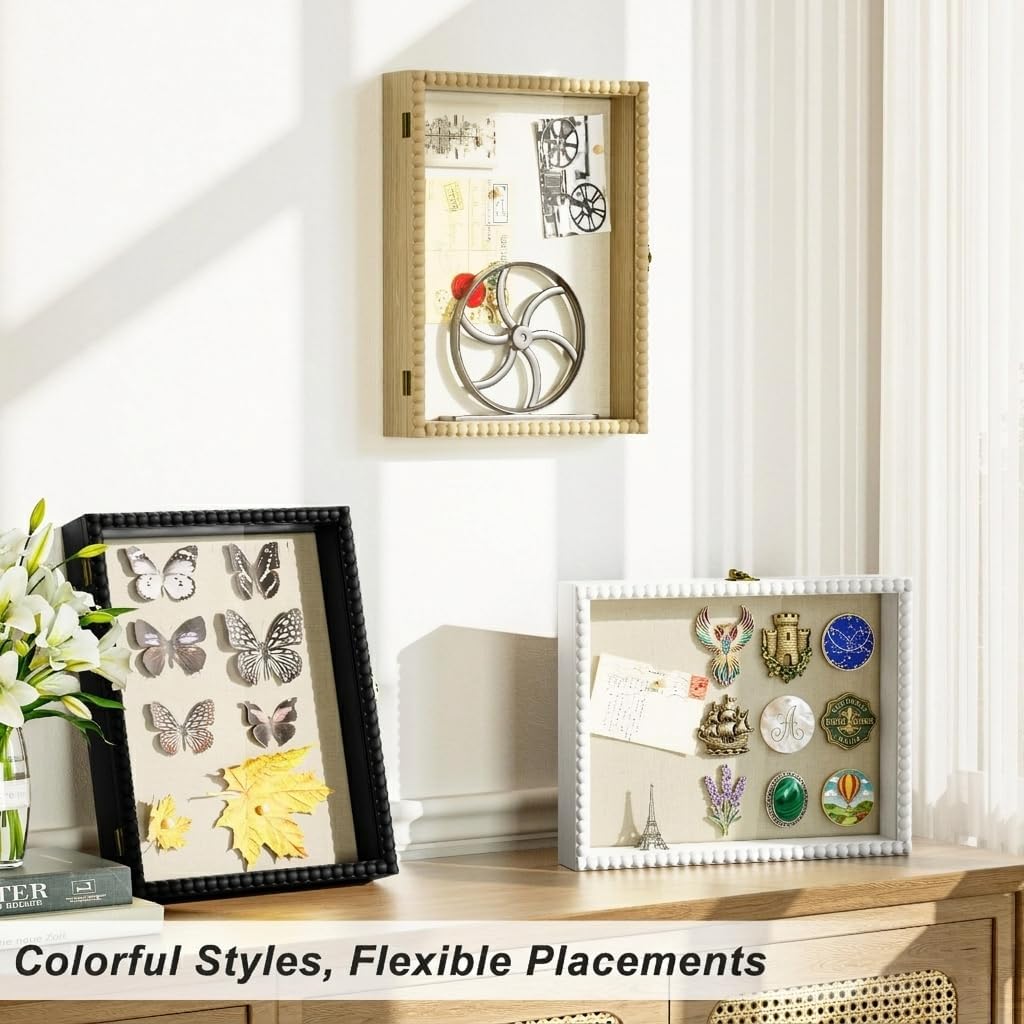 Love-KANKEI Shadow Box Frame 11x14, Deep Large Shadow Box Display Case with Unique Beads Door and Glass Window, Wood Memory Box for Pictures,Medals,Memorabilia,Collections White