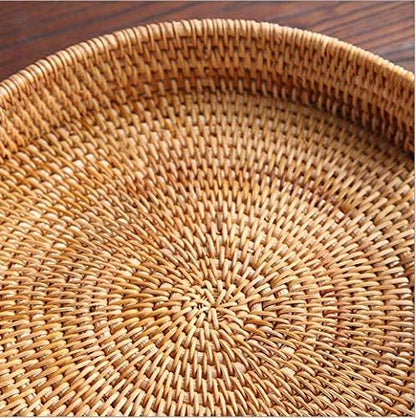 13.8 inch Round Rattan Tray, Decorative Coffee Table Tray, Ottoman Tray, Woven Serving Tray with Handles, Wicker Serving Basket, Whitewash
