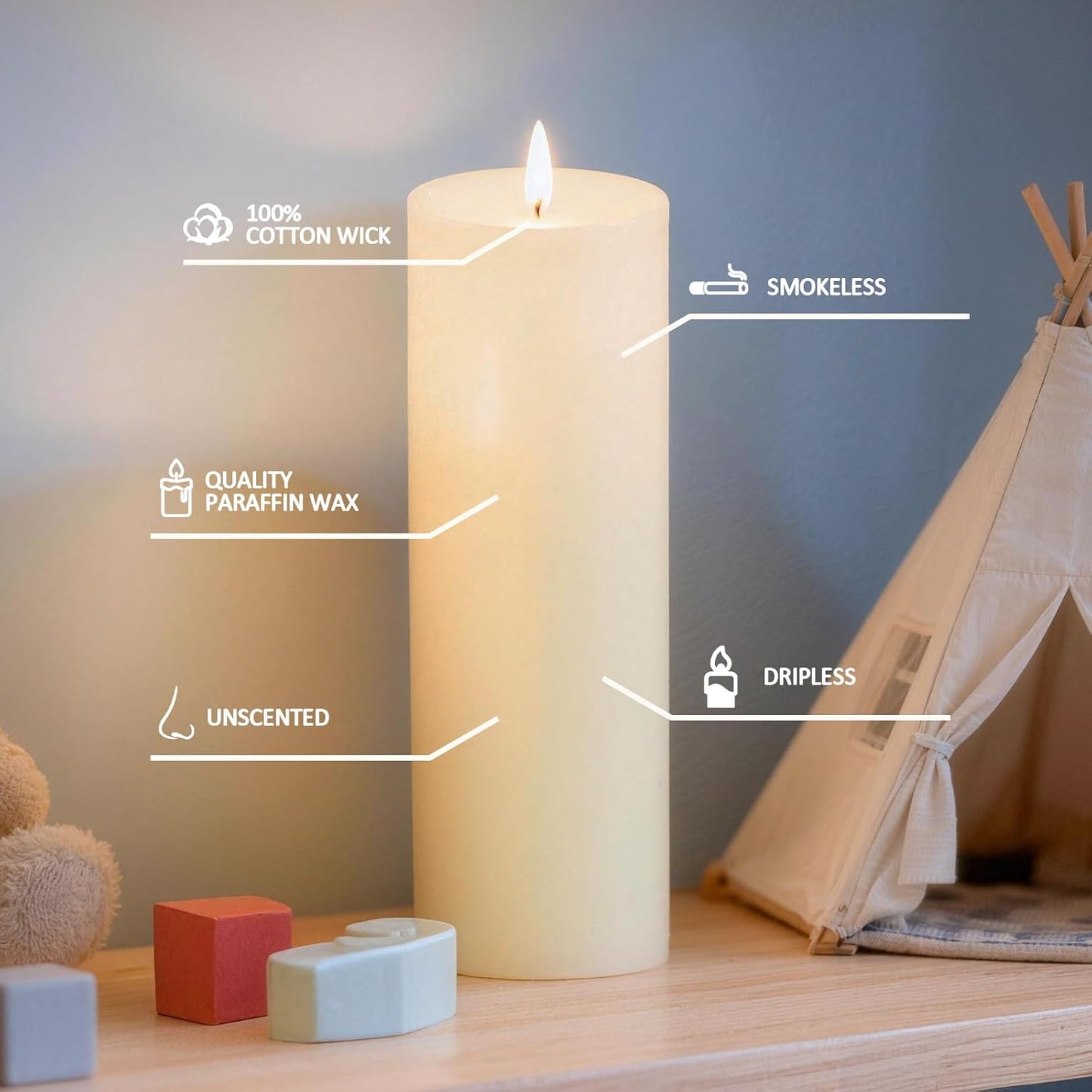 12-Pack Ivory Unscented Pillar Candle Set - 2x3, 2x6, 2x8-inch Long-Burning Drip-Free Tapers, 4 Per Size. Ideal for Home Decor, Weddings, Emergencies, and Holidays.