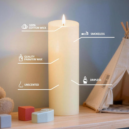 12-Pack Ivory Unscented Pillar Candle Set - 2x3, 2x6, 2x8-inch Long-Burning Drip-Free Tapers, 4 Per Size. Ideal for Home Decor, Weddings, Emergencies, and Holidays.