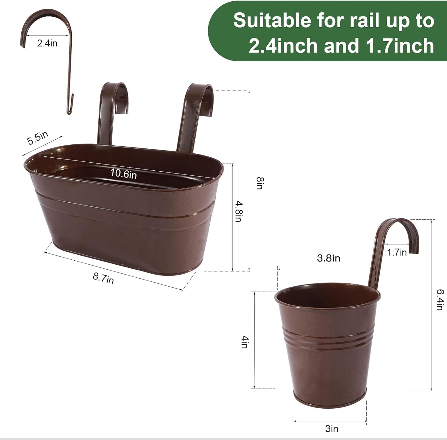 HowRU Metal Iron Flower Pots for Railing Fence Hanging Bucket Pots(5 Pcs) and Hanging Flower Pots Metal Iron Bucket Planter(10 Pcs) (Black)