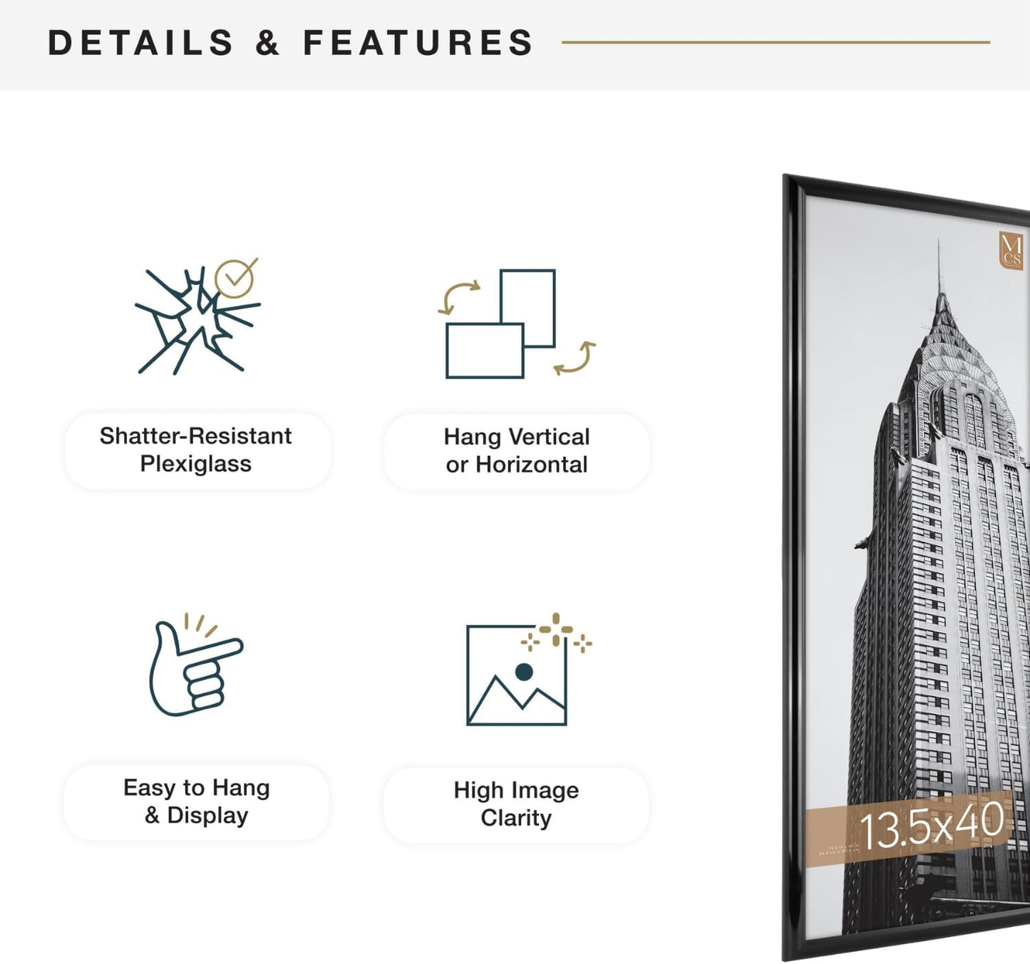 MCS Trendsetter 24x36 Poster Frame Black High-Gloss, Vertical & Horizontal Wall Hanging Large Picture Frame for Photos, Posters & Art Prints (1-Pack)