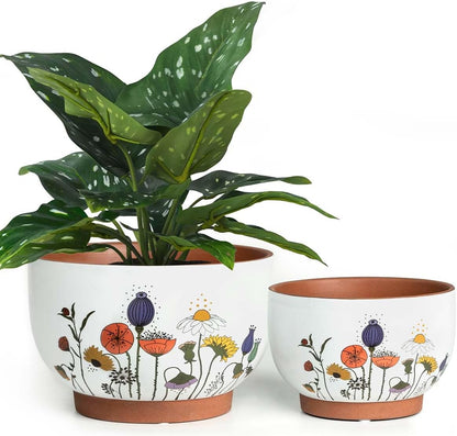 YBX 8 Inch + 6 Inch Ceramic Plant Pots, Succulent Flower Pots with Drainage Holes, Terracotta Planters for Indoor Plants, White&Terracotta (Garden)